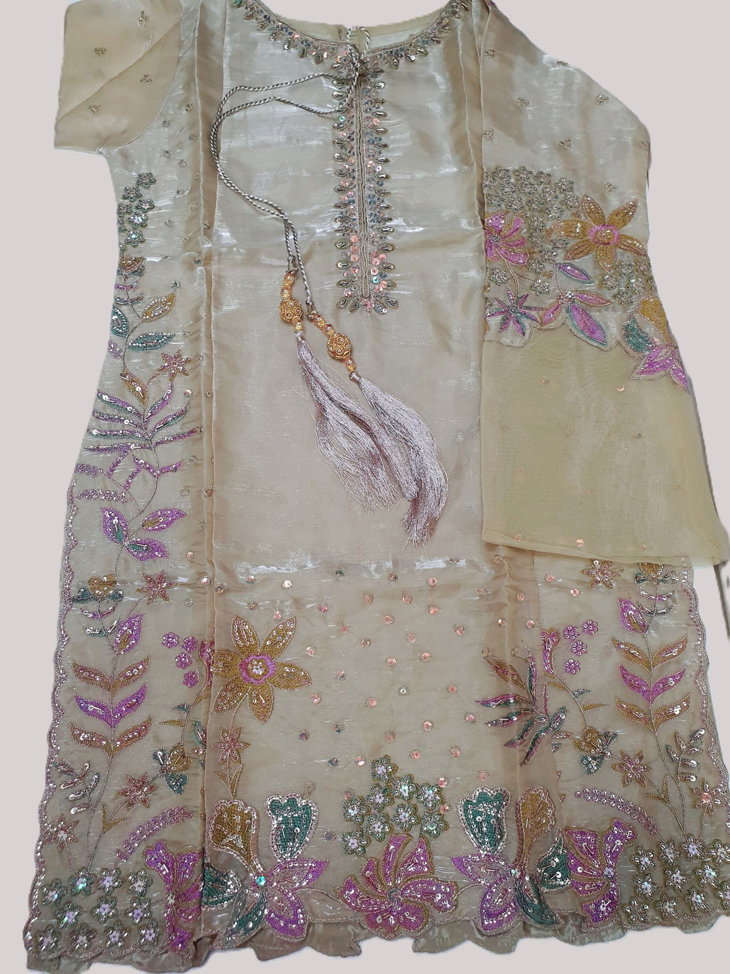 Embroidered Beige Sheesha Silk Plazzo Suit – Stitched 3pc-RW3-143