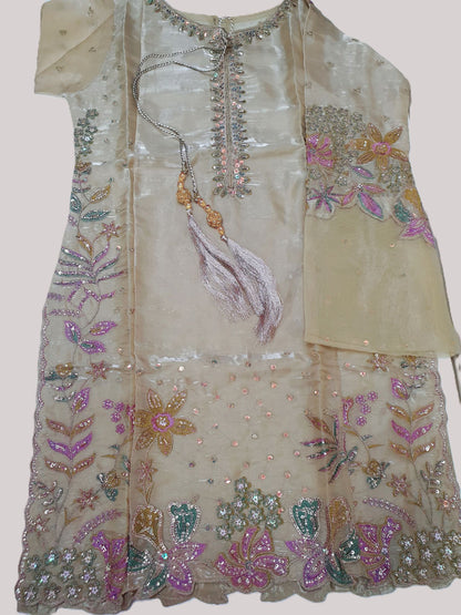 Embroidered Beige Sheesha Silk Plazzo Suit – Stitched 3pc-RW3-143