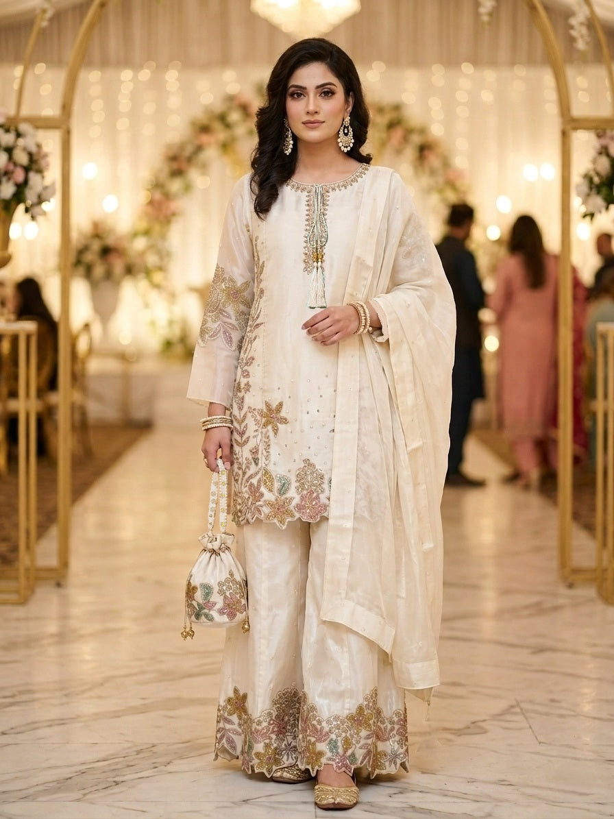 Embroidered White Sheesha Silk Palazzo Suit – Stitched 3pc-RW3-140