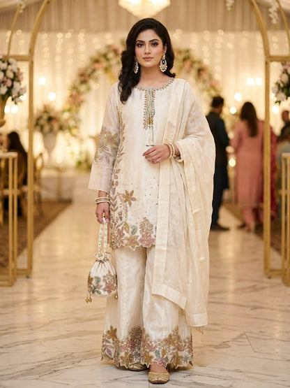 Embroidered White Sheesha Silk Palazzo Suit – Stitched 3pc-RW3-140