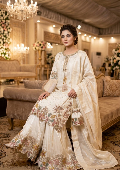 Embroidered White Sheesha Silk Palazzo Suit – Stitched 3pc-RW3-140