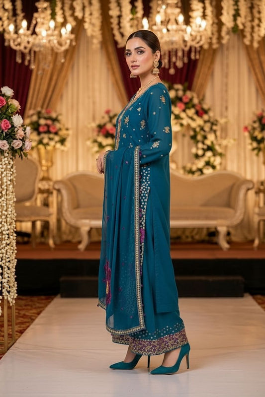 Agha Noor Inspired Teal blue Muse Work Chiffon Suit – Stitched 3pc-RW3-114