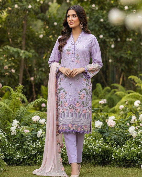 Agha Noor Inspired Purple Embroidered Lawn Cotton Suit–Stitched 3pc-RW3-96