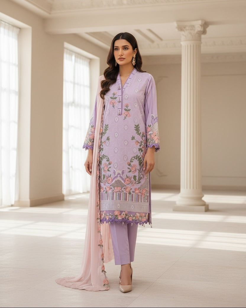 Agha Noor Inspired Purple Embroidered Lawn Cotton Suit–Stitched 3pc-RW3-96