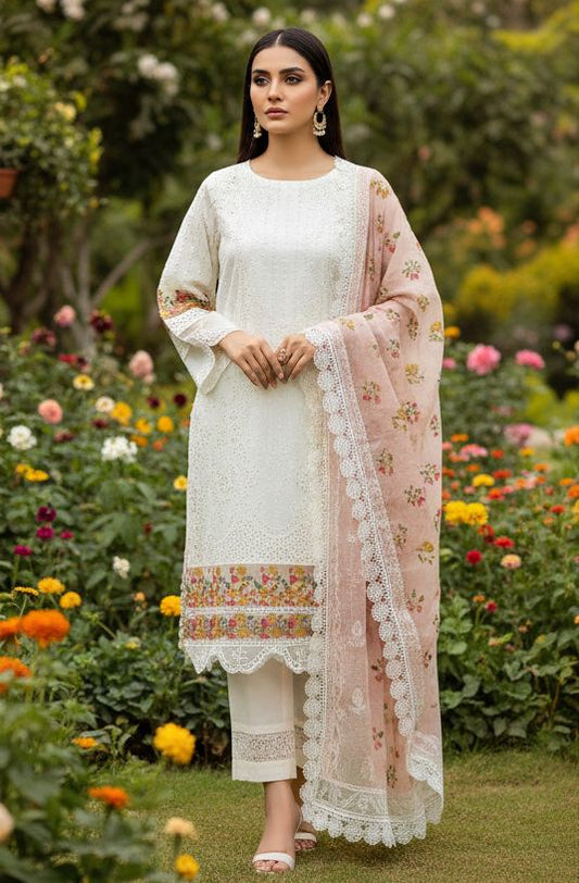 Embroidered luxury lawn offwhite 3pc with Schiffli work - Khadi net dupatta