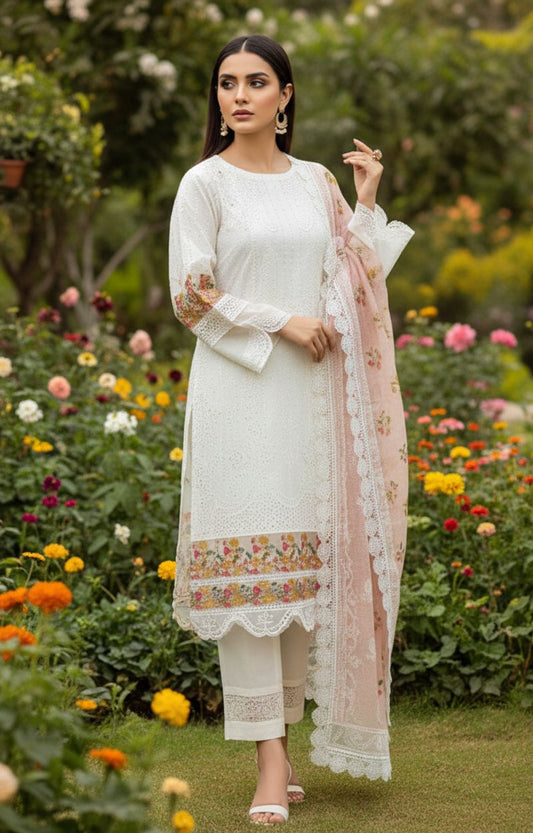 Offwhite lawn 3-piece suit with intricate Schiffli embroidery - Premium ensemble