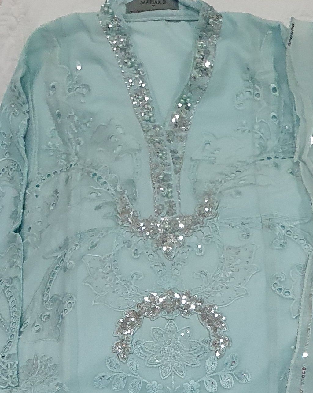Maria B Inspired Aqua Embroidered Chiffon Suit – Stitched 3pc-RW3-121