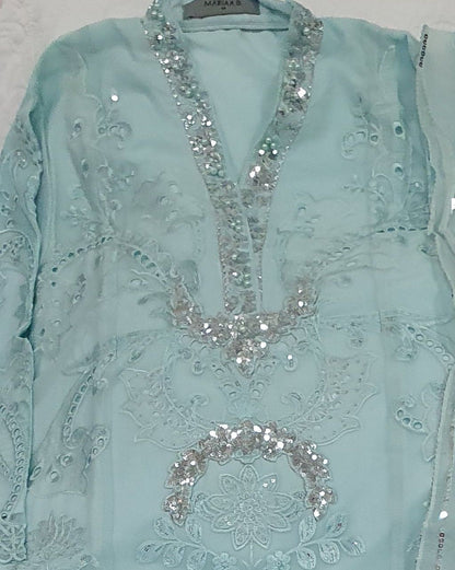 Maria B Inspired Aqua Embroidered Chiffon Suit – Stitched 3pc-RW3-121