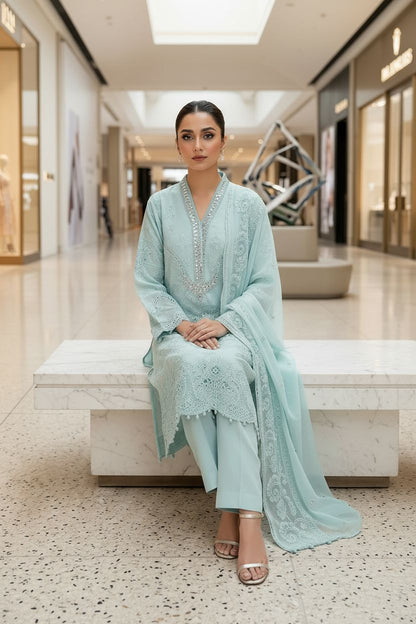 Maria B Inspired Aqua Embroidered Chiffon Suit – Stitched 3pc-RW3-121