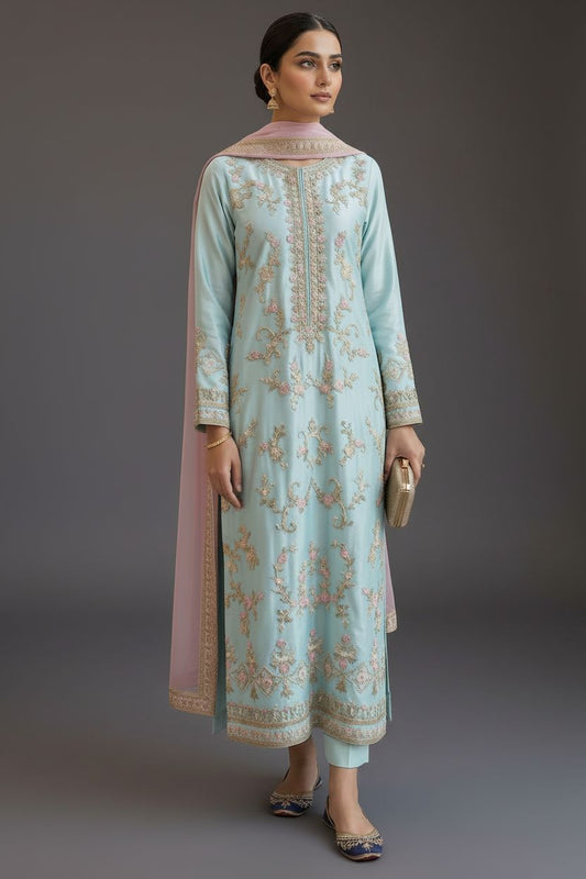 Aqua Embroidered Silk Suit – Stitched 3pc-RW3-98