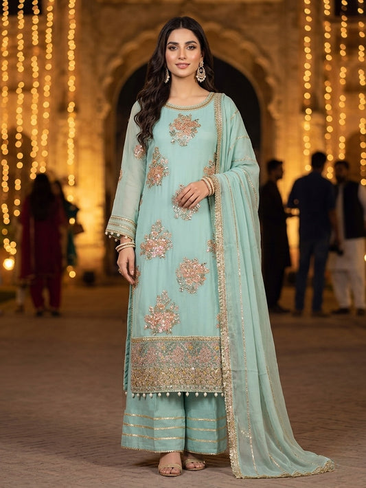 Maria B Inspired Aqua Embroidered Chiffon Suit – Stitched 3pc-RW3-125