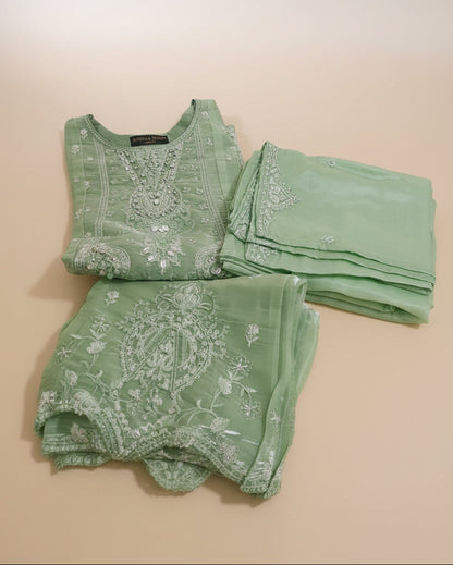 Agha Noor Inspired Green Embroidered Sheesha Silk Palazzo Suit – Stitched 3pc-RW3- 225