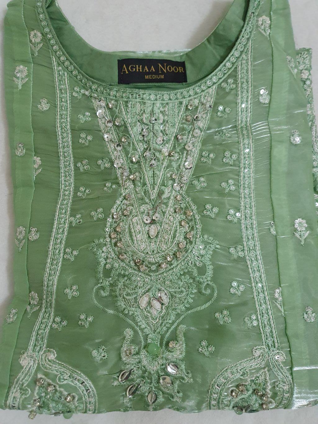 Agha Noor Inspired Green Embroidered Sheesha Silk Palazzo Suit – Stitched 3pc-RW3- 225