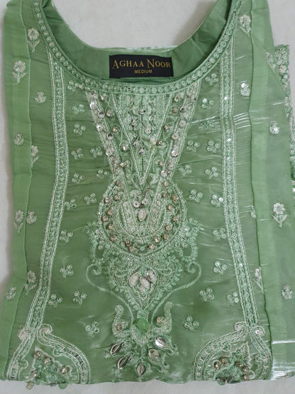 Agha Noor Inspired Green Embroidered Sheesha Silk Palazzo Suit – Stitched 3pc-RW3- 225