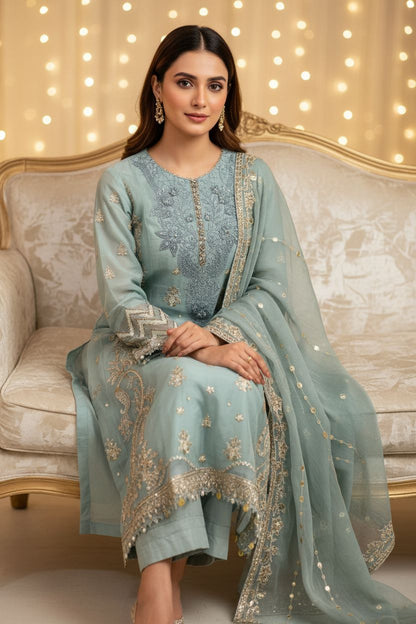 Maria.B Inspired Aqua Embroidered Chiffon Suit – Stitched 3pc- RW3-107