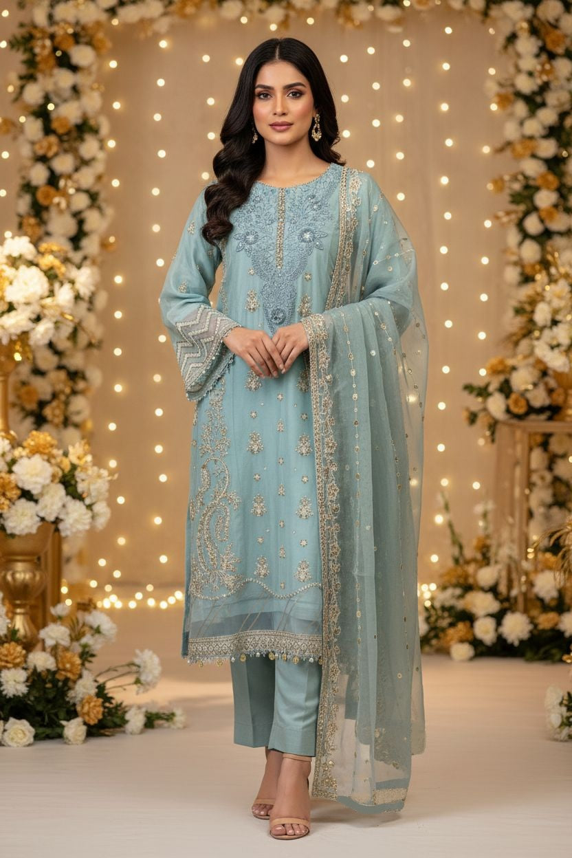 Maria.B Inspired Aqua Embroidered Chiffon Suit – Stitched 3pc- RW3-107