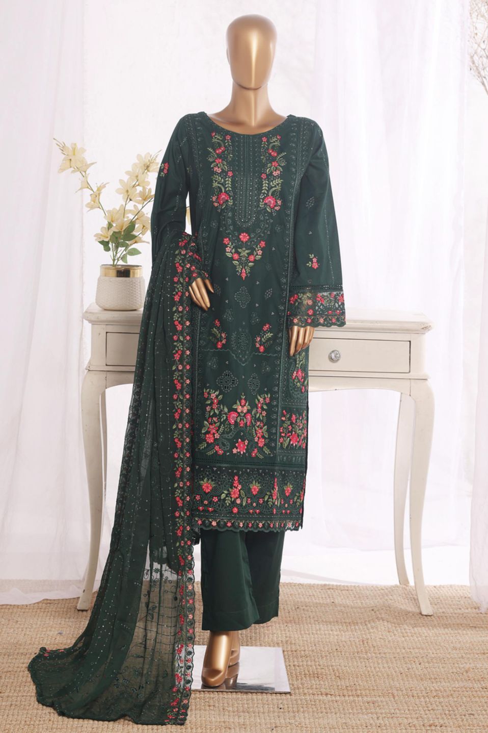 Bin Saeed Green Embroidered Cotton Stitched 3pc