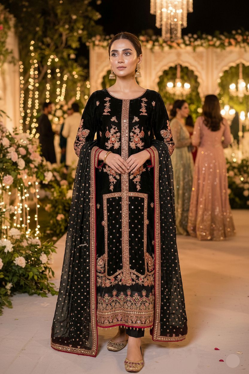 Maria.B Inspired Black Embroidered Chiffon Suit – Stitched 3pc - RW3-112