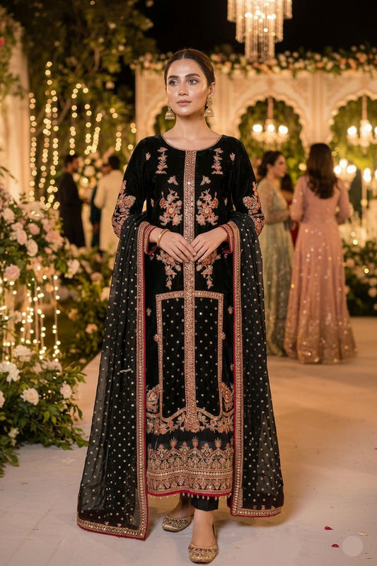 Maria.B Inspired Black Embroidered Chiffon Suit – Stitched 3pc - RW3-112