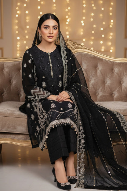 Maria.B Inspired Black Embroidered Chiffon Suit – Stitched 3pc - RW3-109