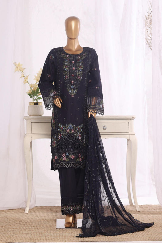 Bin Saeed black embroidered cotton 3pc suit - front view