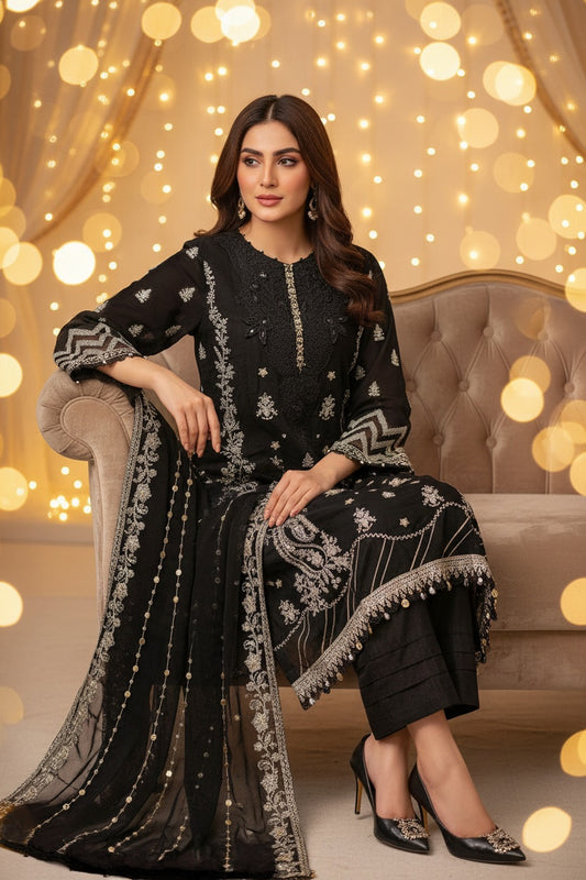 Maria.B Inspired Black Embroidered Chiffon Suit – Stitched 3pc - RW3-109