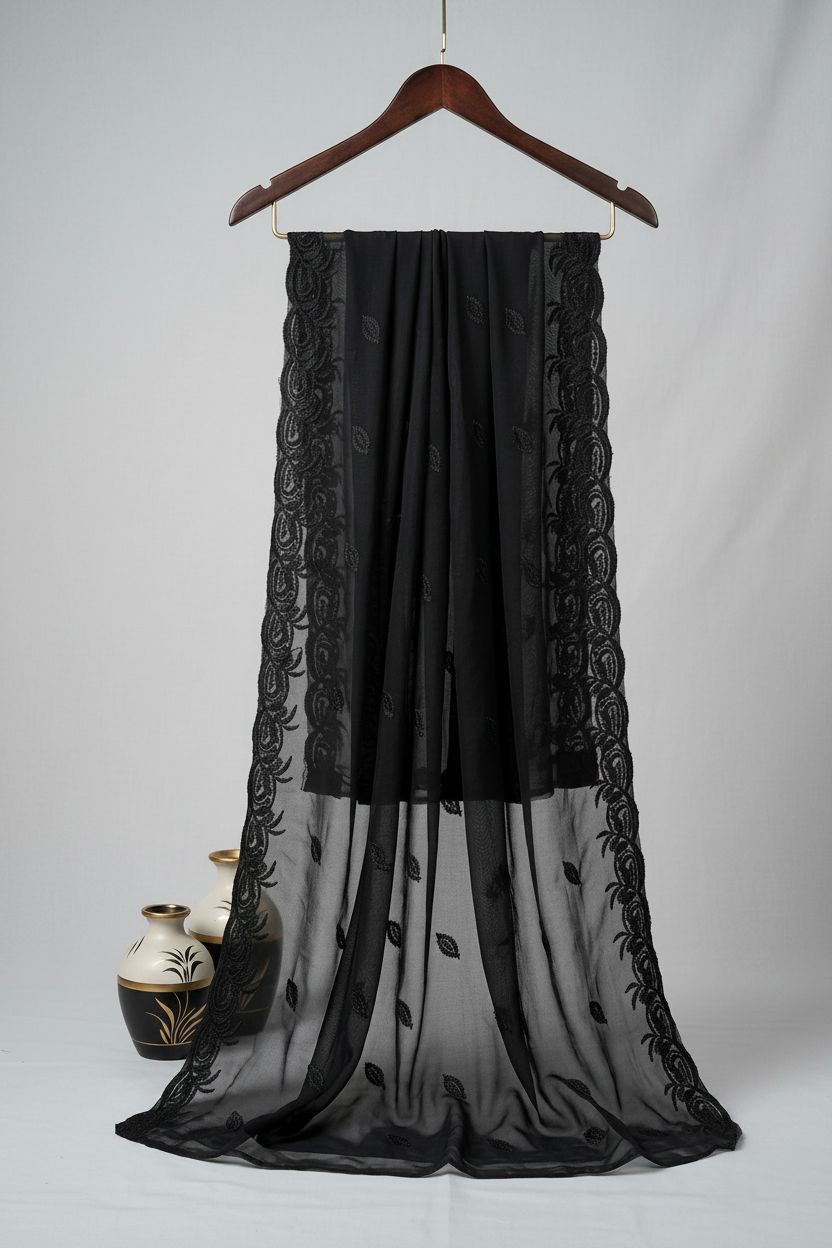 Black Embroidered Chiffon Dupatta – D101