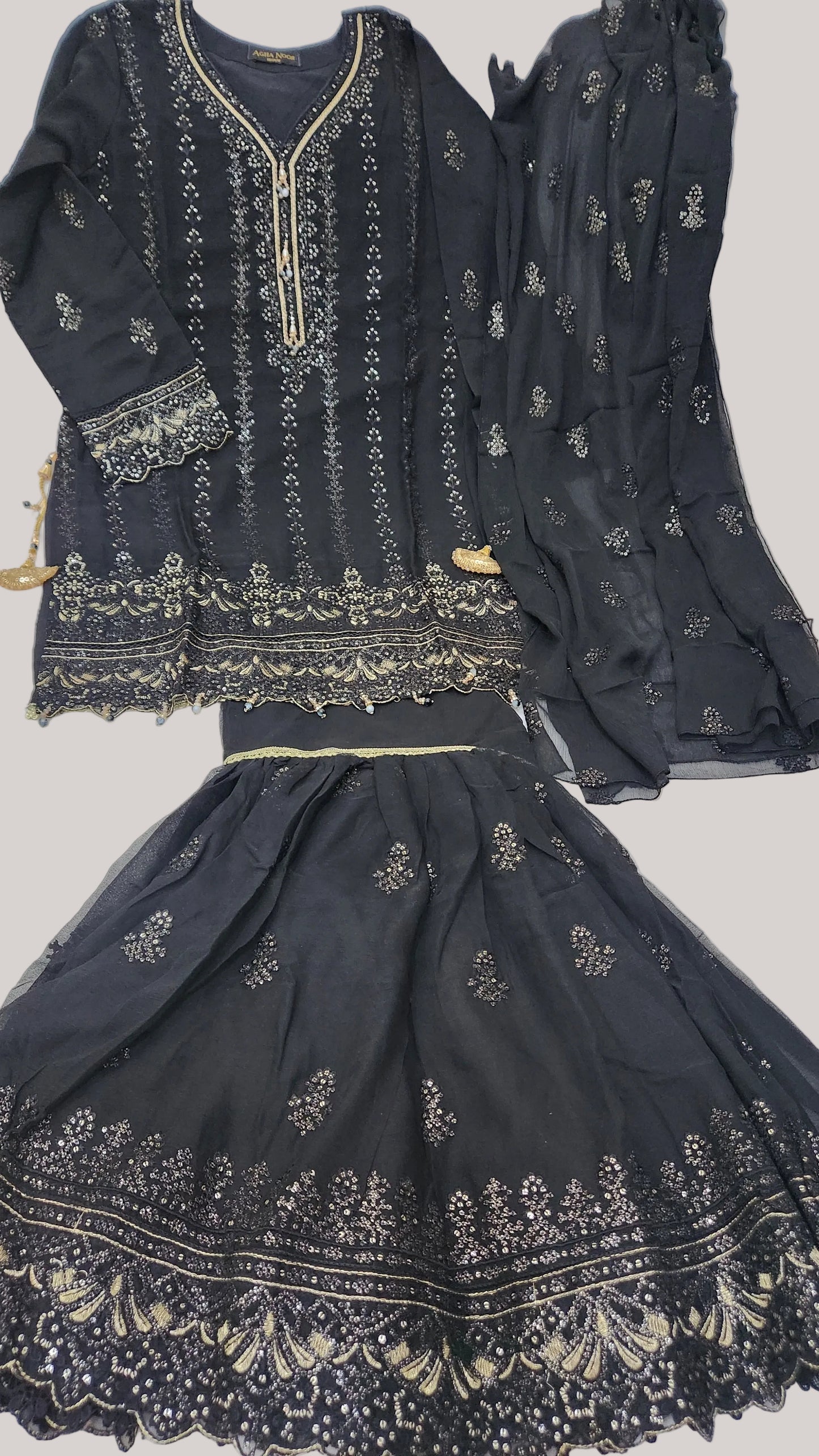 Agha Noor Inspired Black Chiffon Gharara Suit–Stitched 3pc-RW3-87
