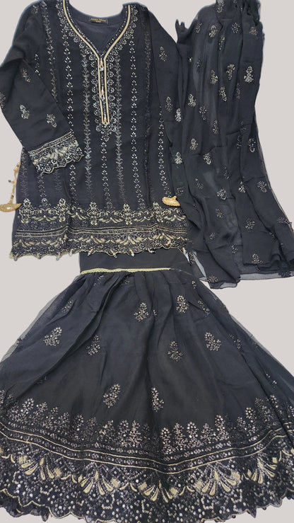 Agha Noor Inspired Black Chiffon Gharara Suit–Stitched 3pc-RW3-87