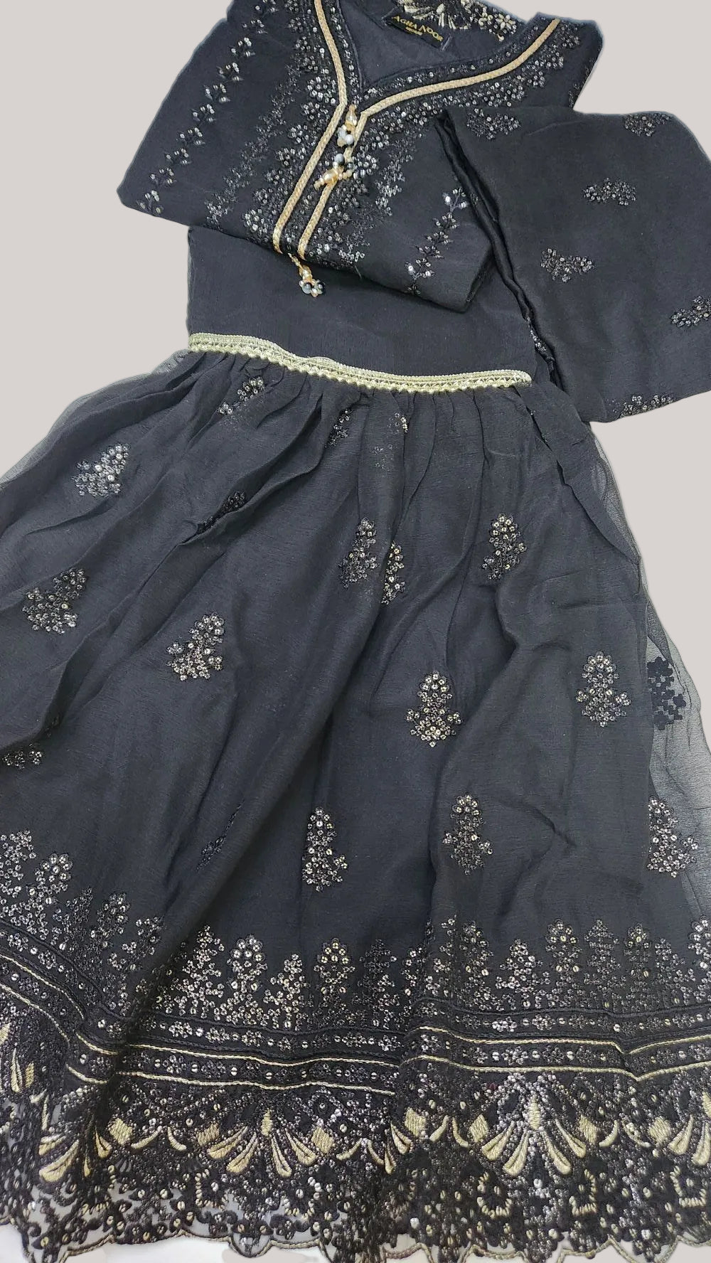 Agha Noor Inspired Black Chiffon Gharara Suit–Stitched 3pc-RW3-87