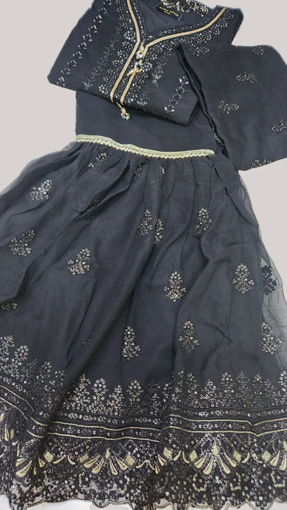 Agha Noor Inspired Black Chiffon Gharara Suit–Stitched 3pc-RW3-87