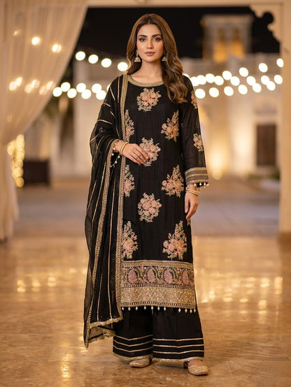 Maria B Inspired Black Embroidered Chiffon Suit – Stitched 3pc-RW3-123