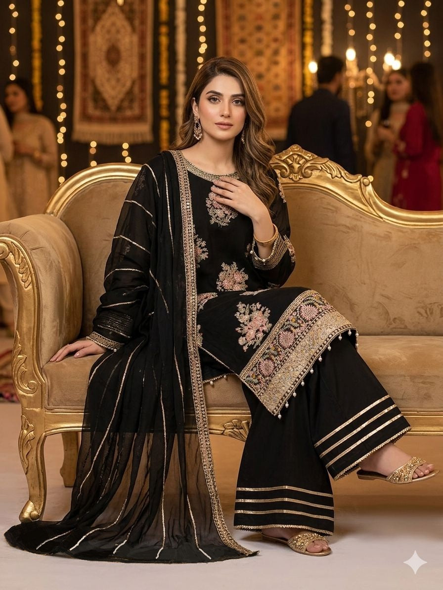 Maria B Inspired Black Embroidered Chiffon Suit – Stitched 3pc-RW3-123