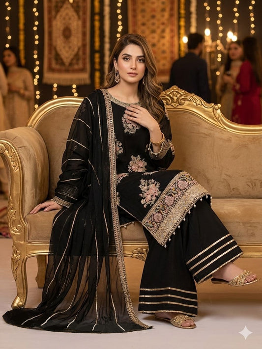 Maria B Inspired Black Embroidered Chiffon Suit – Stitched 3pc-RW3-123