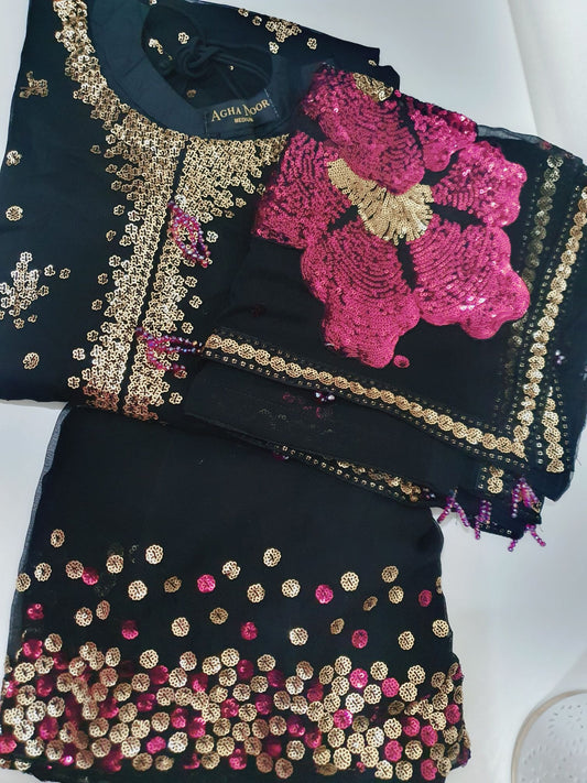 Agha Noor Inspired Navy Muse Work Chiffon Suit – Stitched 3pc-RW3-113