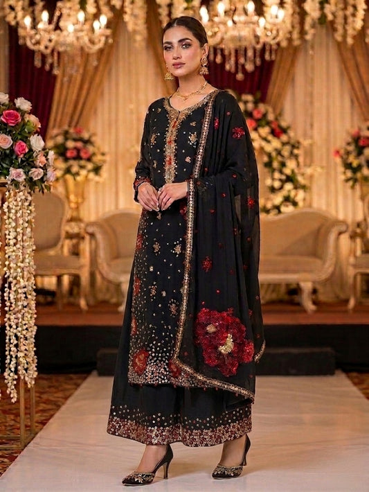 Agha Noor Inspired Black Muse Work Chiffon Suit – Stitched 3pc-RW3-116