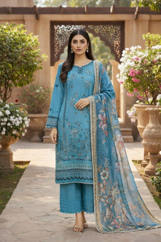 Embroidered lawn 3pc with zari, sequence and thread work - Blue printed dupatta