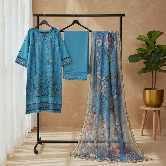 Embroidered lawn 3pc with zari, sequence and thread work - Blue printed dupatta