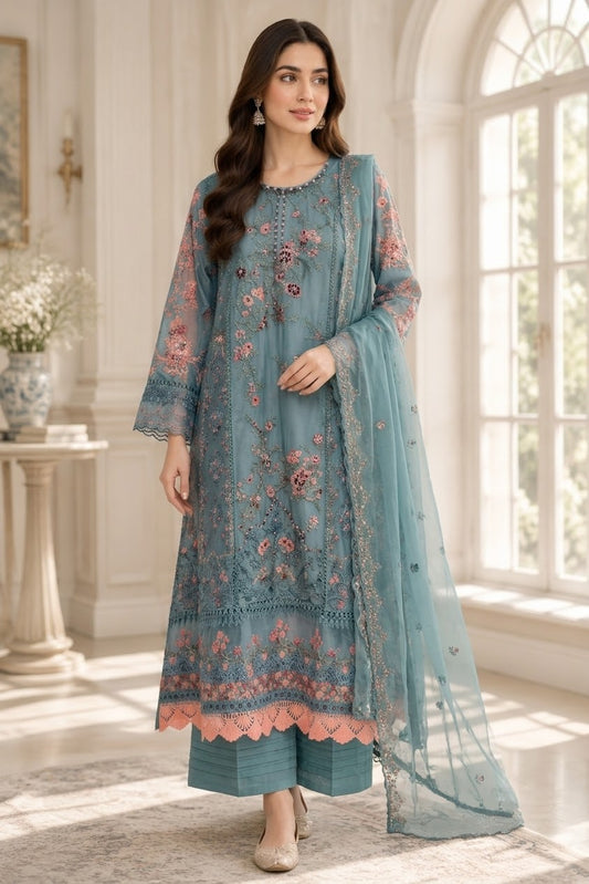 Hussain Rehar Inspired Green Chiffon Embroidered Frock – Stitched 3pc-RW3-240