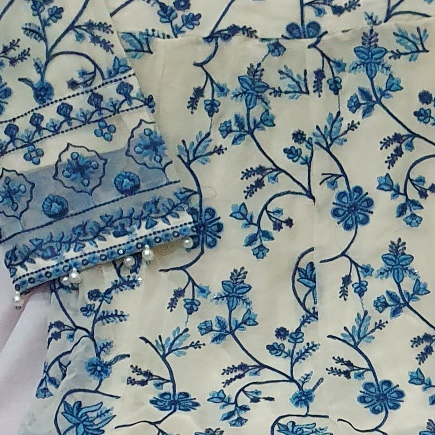 Maria B Inspired Blue & White Embroidered Chiffon Maxi – Stitched-RW3-118