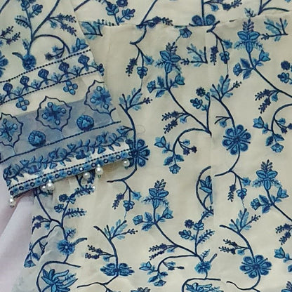 Maria B Inspired Blue & White Embroidered Chiffon Maxi – Stitched-RW3-118