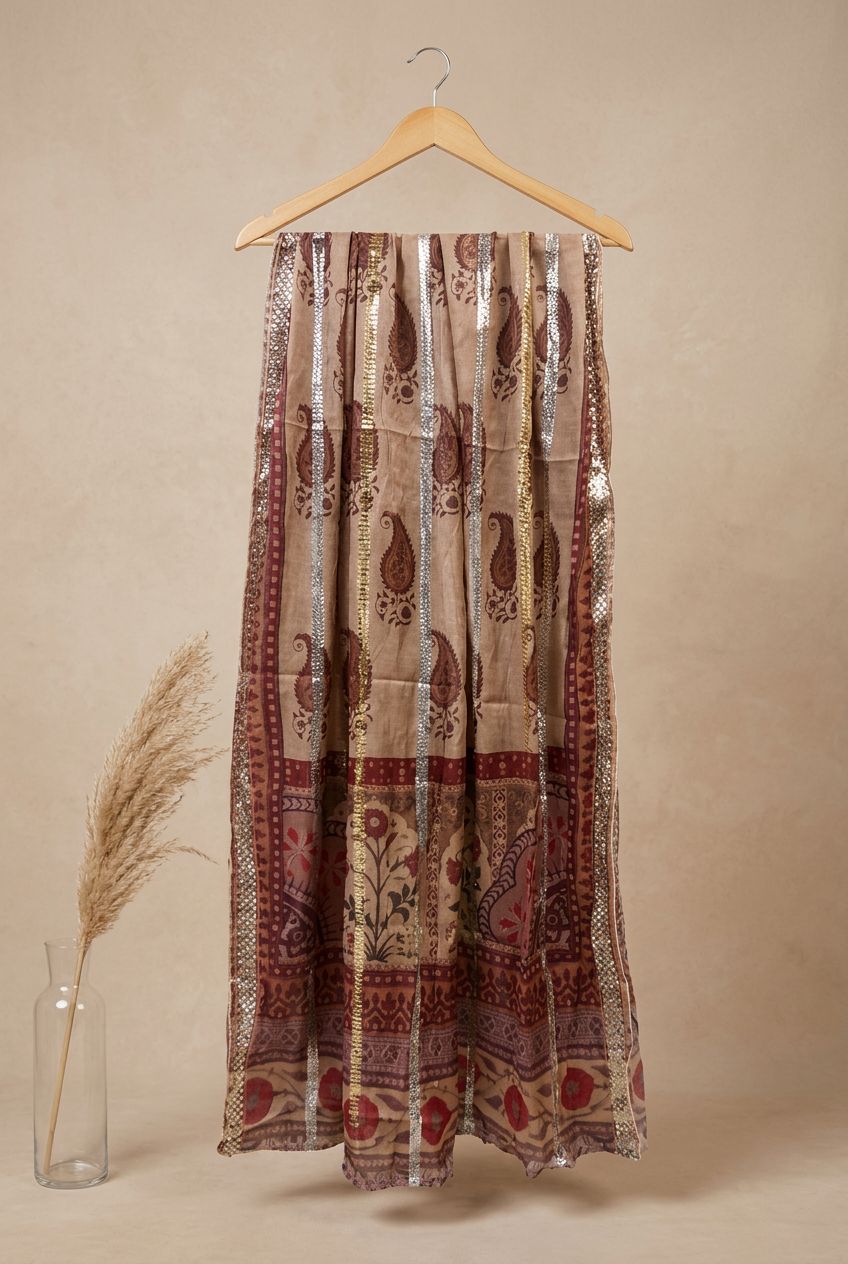 Brown Printed Munar Dupatta with Metallic Stripe Detailing-D112