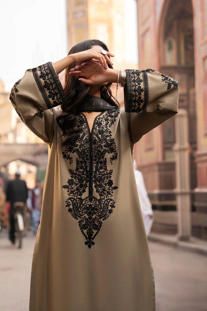 Casuallite Khaki Embroidered Cotton Lawn Suit – Stitched 3pc-RW3-134