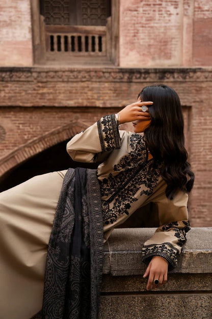 Casuallite Khaki Embroidered Cotton Lawn Suit – Stitched 3pc-RW3-134
