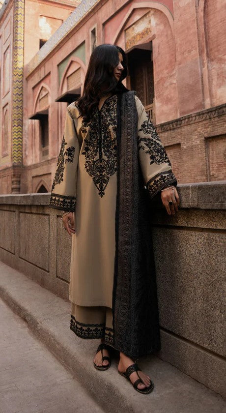 Casuallite Khaki Embroidered Cotton Lawn Suit – Stitched 3pc-RW3-134