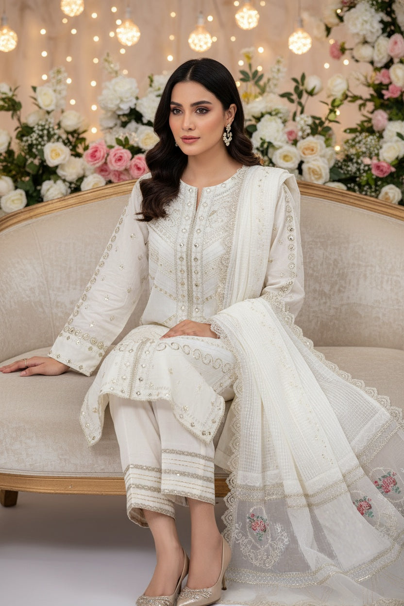 Emboridered Off-White Lawn- stitched 3pc-RW3-73