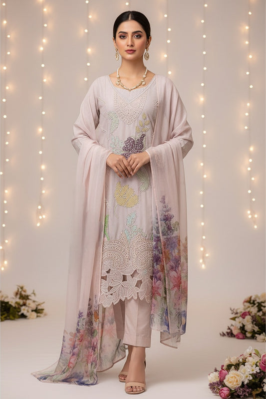 Embroidered lawn shirt with cutwork detailing in warm contrast colors - Premium 3pc set