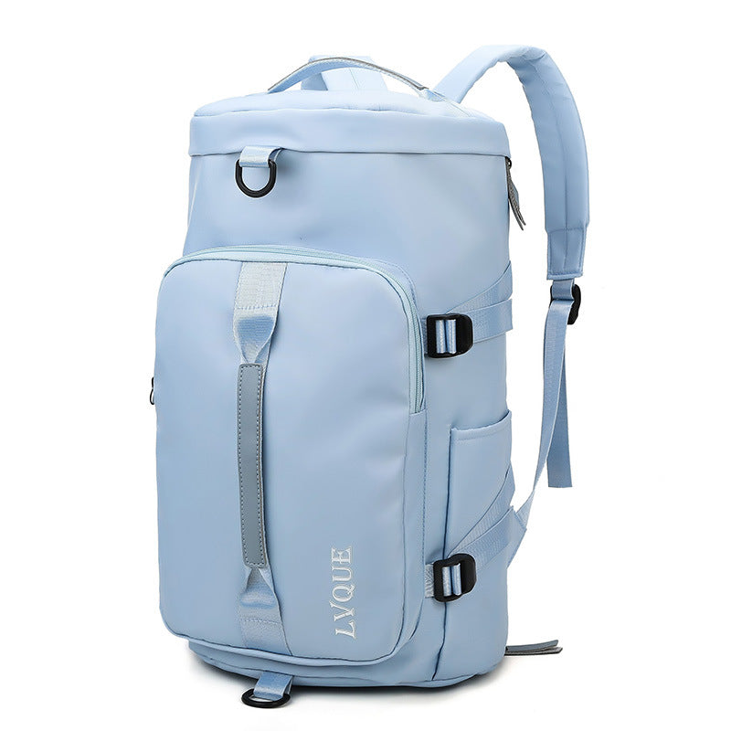 A Light blue bag cum backpack with a zipper closure, multiple compartments, adjustable straps and multiple carrying options