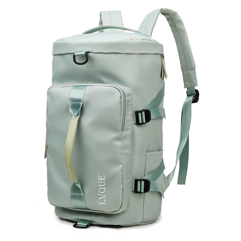 A Light green bag cum backpack with a zipper closure, multiple compartments, adjustable straps and multiple carrying options