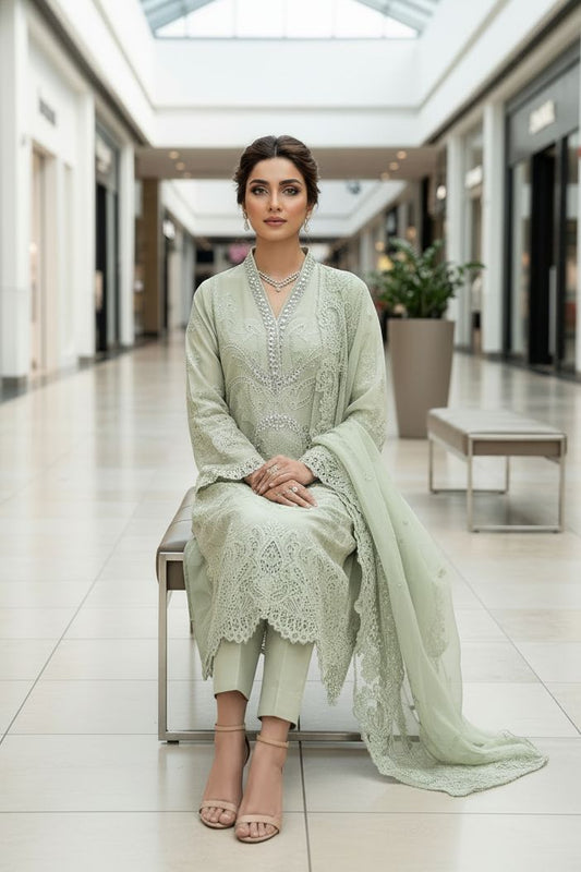 Maria B Inspired Mint Green Embroidered Chiffon Suit – Stitched 3pc-RW3-122